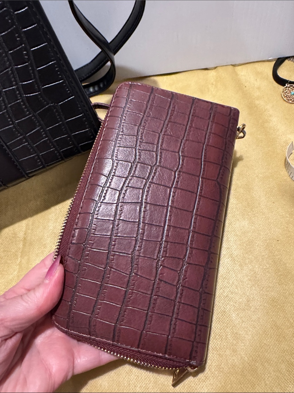 Croc-Embossed Black and Burgundy Satchel with Gold Accent Matching Billfold - Picture 10 of 14